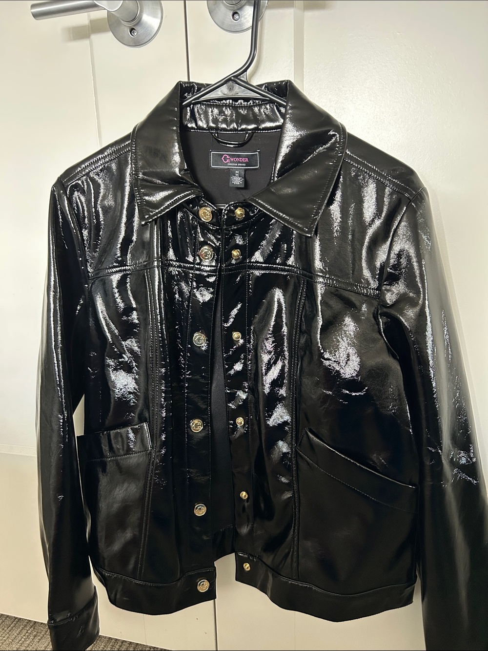 Christian Siriano Shiny Black Faux Leather Jacket with Gold Buttons